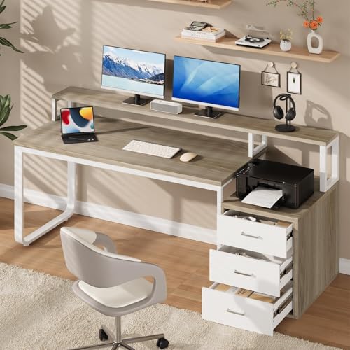 Image of MaverickFurni 67 inch Home Office Desk with 3 Drawers, Reversible Computer Desk with Moniter Stand and Printer Shelf, Gaming Desk with LED Lights, White and Walnut