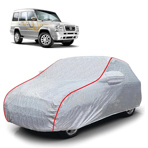 Image of Sulfar 100% Waterproof Car Body Cover Compatible with Mirror for Tata Sumo Victa (Triple Stitched, Full Bottom Elastic, Magic Silver with Red Piping)
