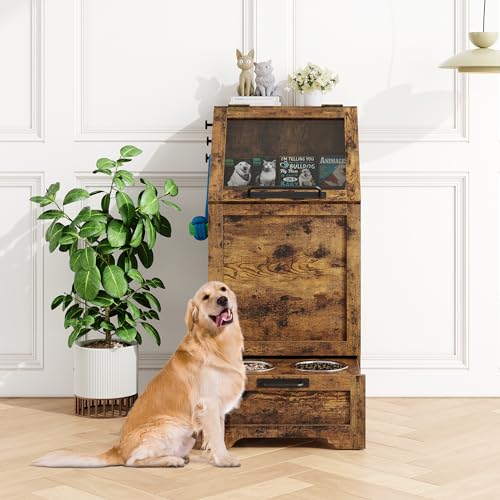 Dog Feeding Station with 2 Elevated Bowls, Pet Feeding Station,Flip Top Dog Food Storage Cabinet, Food Storage Container,Pet Toy Organizer,Modern Organizer,Brown