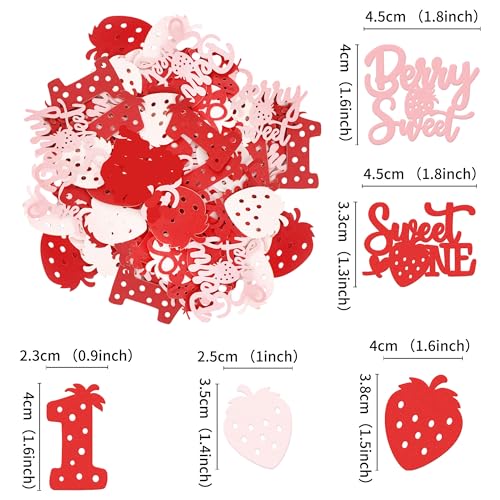 Image of 200Pcs Double-sided Pink Red Strawberry Confetti Berry Sweet One Table Confetti Red Strawberry One Table Decorations for Baby Shower Girls Berry 1st Birthday Party Confetti Supplies