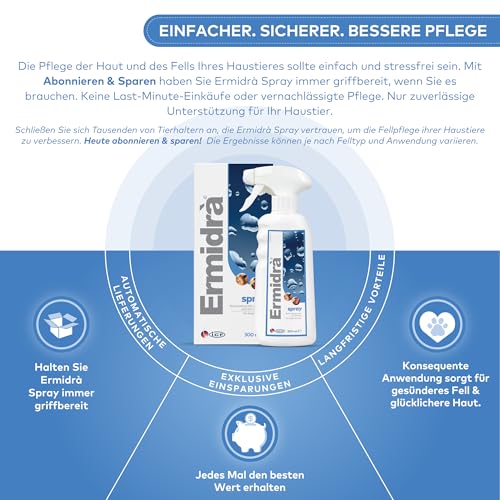 Ermidrà Feuchtigkeitsspray für Hunde, Katzen & Pferde | Hydratisierende & Beruhigende Hautpflege | Unterstützt EIN Weiches & Erfrischtes Fell | Ohne Ausspülen | 300ml