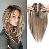 SIVOTATO Human Hair Toppers for Women Real HairTopper with Thinning Hair 120% Density Round Shaped Swiss Base Hair Pieces 40g-Ombre Light Brown with Blond Highlight（2T613）