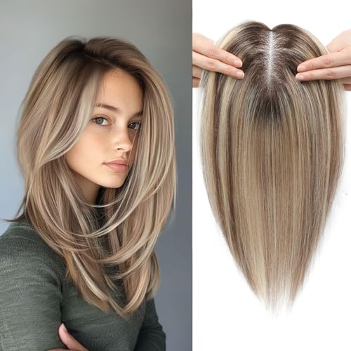Human Hair Toppers for Women Real HairTopper with Thinning Hair 120% Density Round Shaped Swiss Base Hair Pieces 40g-Ombre Light Brown with Blond Highlight(2T613)