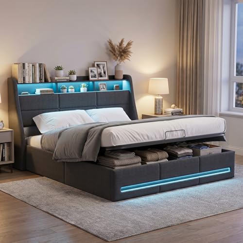BPKADHY Cama tapizada de 160 x 200 cm, cama doble LED con espacio de almacenamiento y somier, cabecero con compartimento de almacenamiento y función de carga USB, cama de almacenamiento hidráulica