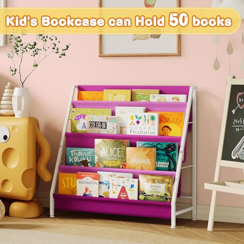 Image of Aokitsink Kids Bookshelf for Kids Rooms, 4-Tier Montessori Bookshelf,Nursery Book Shelves,Pink Toddler Bookshelf, Metal Kid's Book Storage Organizer for Girls Room Furniture Playroom Kindergarten