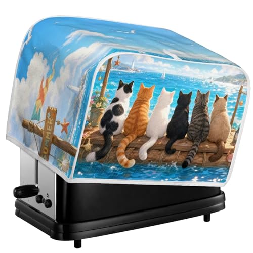 Image of Talayituse Cat Sea Beach Print 2 Slice Toaster Dust Covers Kitchen Small Appliance Cover, Stain Resistant Dust Protection Bread Machine Cover with Top Handle, S