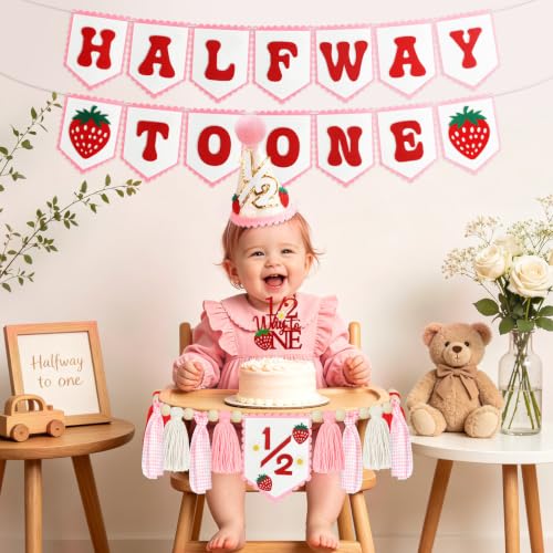 Image of 1 /2 Birthday Girl Decorations, Pink Strawberry Half Way to One Banner Set | Felt banner;wooden cake topper;1 /2 hat;baby girl 6 month party
