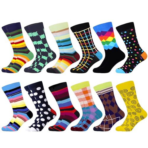 WeciBor 12 pares de calcetines de algodón para hombre, multicolor, divertidos, novedosos, divertidos y divertidos con diseño, Amarillo/Rojo/Azul/Multicolor Geométrico -12M, 43-46