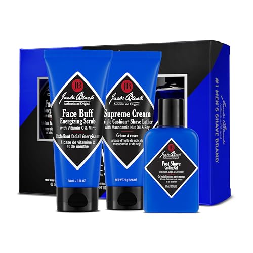 Jack Black Three You Need Shave Essentials Set for Men – Face Scrub, After Shave Cooling Gel, Shave Lather, Mens Skin Care Kit, Men's Skincare Gift Set