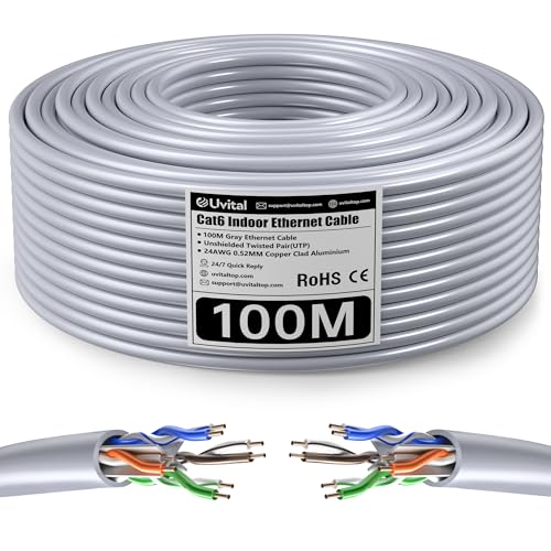 Uvital - Uvital Cat 6 Ethernet Cable, Indoor High Speed Internet Cable, 24AWG Gigabit Network Cable 1 Gbps, 250 Mhz, UTP CCA, Compatible with Various Network Devices (100M)