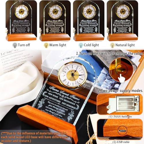 Image of Ornalrist House Warming Gifts New Home Glass Clock Keepsake with Wooden LED Light Base for Women Men Unique Housewarming Gift Ideas for Couples Blessing Warming Gifts for New House Family