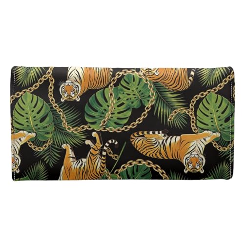 Image of AFPANQZ Wallet for Women Credit Card Holder with Coin Purse and Zipper Wallet, Tiger Monstera Print Women's Clutch Organizer with Christmas Lights Snowman Crutch