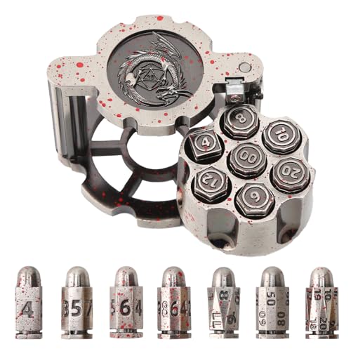 diceevil Bullet Dice, Revolver Bullet Metal Dice Set with Spinning Revolver Cylinder Container & Seven Polyhedron Dices for Sci-Fi, War, Crime Theme Tabletop Games