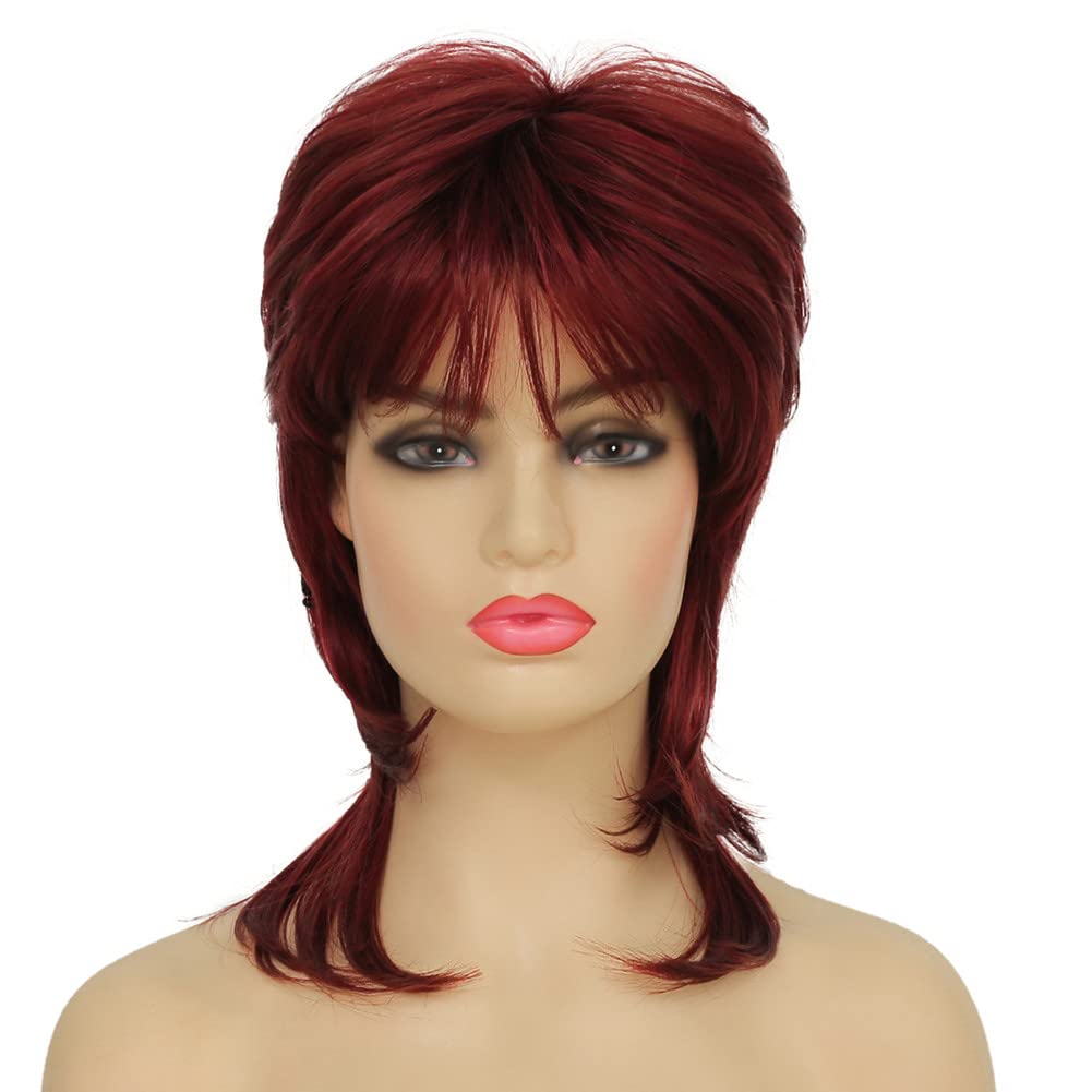 Dai Cloud Short Wine Red Mullet Wig for Women 80s Shaggy Layered Pixie Cut Wigs With Bangs Curly Synthetic Hair Replacement Wigs for White Women Daily
