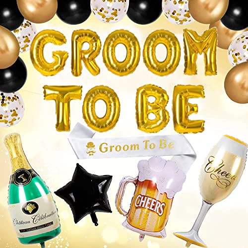 Image of Party Propz Groom to Be Decoration Set Combo - 21Pcs Bachelorette Party Decorations | With Groom to Be Foil Balloon, Champagne & Cheers Foil, Black & Gold Metallic Balloons
