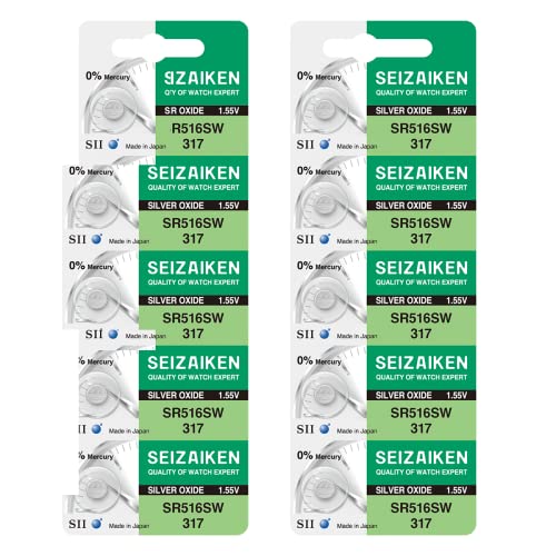 Image of 317 SR516SW 1.55V 0% Hg Silver Oxide Watch Battery (10 Batteries) Made in Japan by Seiko