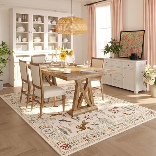 Living Room Rug 5x7 Rug Machine Washable Boho Area Rug Non Slip Floral Animal Vintage Low Pile Large Rugs for Living Room, Bedroom, Farmhouse, Dining Room, Kids Playroom (Beige)