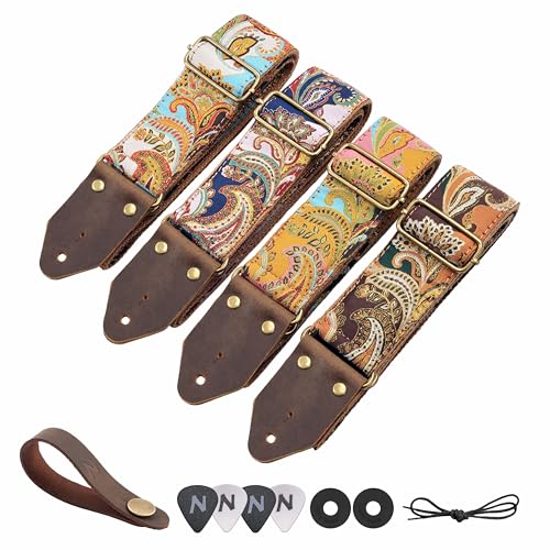 Image of Nefelibata Guitar Strap,Crazy Horse Leather Jacquard Embroidery Cotton Guitar Straps for Bass, Electric & Acoustic, Best Gifts for Guitarists(Golden Silk Dark Blue Flower)