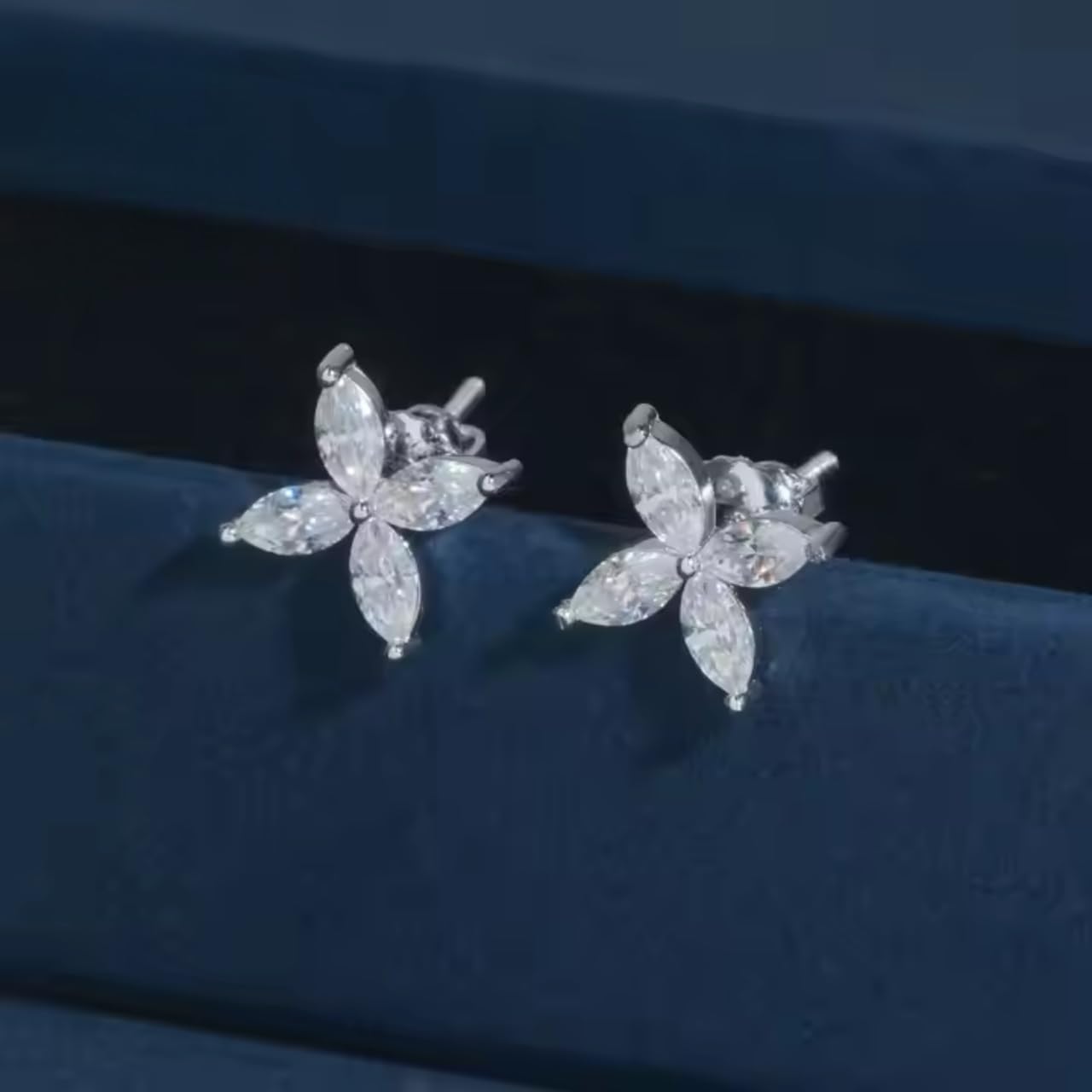Marquise Cut Moissanite Flower Stud Earrings, 925 Sterling Silver, 14k White Gold Plated, Screw Back