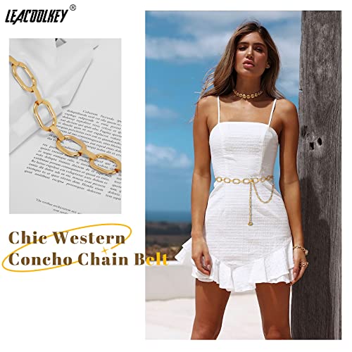Image of LEACOOLKEY Women Turquoise Concho Chain Waist Belt Silver Western Cowgirl Metal Chain Belt for Dress Adjustable