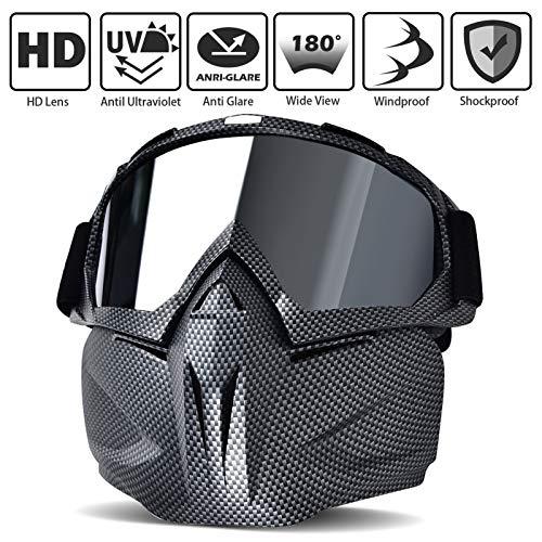 BOLLFO Motorcycle Goggle Mask,Protective Glasses with Detachable Mask for Cycling,Skiing,Paintball,Riding,Snowmobile,Halloween Adjustable Windproof Outdoor Anti-Fog Face Mask (Snakeskin Pattern)