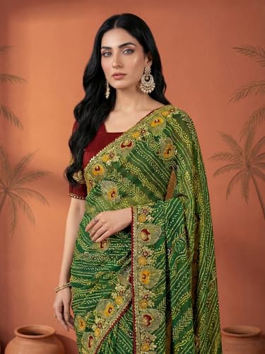 Image of SIRIL Women's Bandhani Printed Embroidery Georgette Saree with Unstitched Blouse Piece