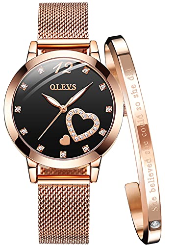 OLEVS Women's Rose Gold Watches Heart Diamond Japanese Quartz Movement Girls Ladies Wristwatch Big Face Waterproof Mesh Belt Watch and Bracelet Set Valentines Day Gifts