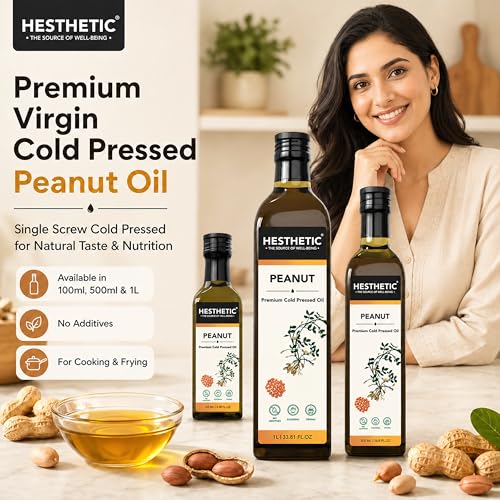 Image of HESTHETIC Cold Pressed Peanut (Groundnut) Oil 100ml | Pure Moongfali Ka Tel | Unrefined Food-Grade Cooking Oil, Rich in MUFA | Glass Bottle | Ideal for Indian Cooking