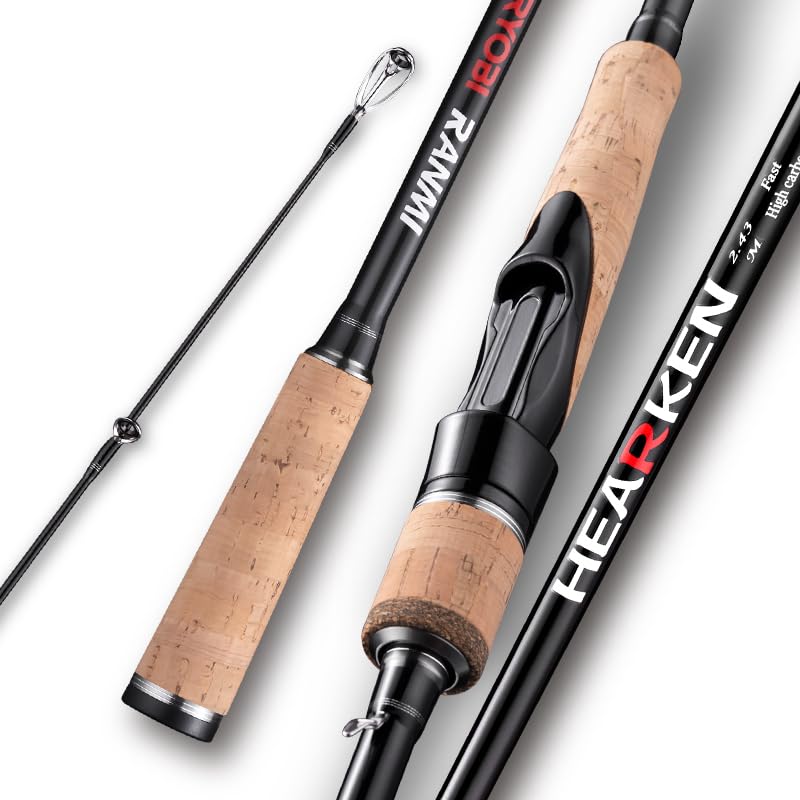 HEARKEN Bass Fishing Rod 6'6"/7'/8'/10'Spinning Casting Fast Action 2 Pieces Medium Heavy 24T High Carbon Fiber Stainless Steel Guides Cork Handle