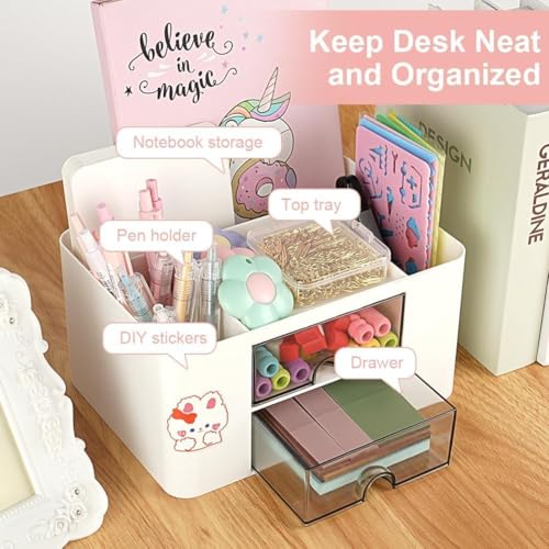Image of Recluse White Plastic Table Organiser,Desk Organiser with 5 Compartments and 2 Small Drawers Organizer for Home or School,Office Organiser,Small Items Such as Stationery and Remote Control