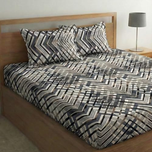 Image of Home Sizzler 210 TC Microfibre Abstract Geometric Print Double Fitted Bedsheet (72X78 inch) with 2 King Size Pillow Covers