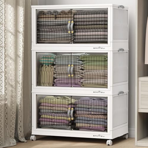 BROVIEW 360Qt Stackable Storage Bins with Lid, Extra Large Closet Organizer Collapsible Drawer Boxes with Wheels, Folding Plastic Cabinet Containers for Home Kitchen Room Organization, 3Pack White