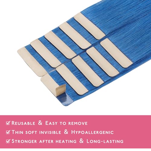 Image of WENNALIFE Tape in Hair Extensions Human Hair Blue Tape in Extensions, 10pcs 30g 20 inch Remy Invisible Tape Ins Straight Colored Soft Real Human Hair Tape in Extensions Refill Set Extensions