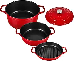 Panelas de Ferro Fundido com Tampa – Conjunto 3 Peças para Cozinha Profissional e Doméstica (Vermelho)