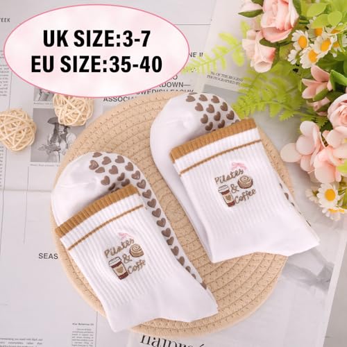 QBEJIME 2 Paires Chaussettes Antidérapantes Femme,Chaussettes Pilates Femme, Reformer Pilates (2 Pair Brown, Taille unique, Adulte, Taille unique, Alpha/lettres, Système Taille Chaussures EU, Moyen) – vue 2