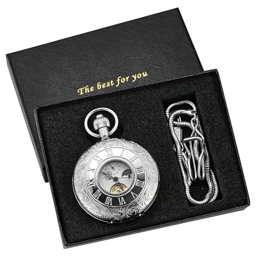 Image of Men's Mechanical Pocket Watch with Chain, Vintage Full Copper Hand-Wind Second&24hours Sub-dials Pocket Watches for Men with Box