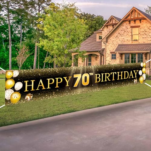 Image of TZSS Black & Gold 70th Birthday Banner Decorations - Extra Large 118 inchx20 inch Reusable Yard Sign for Men & Women, Over The Hill Party Decor Indoor Outdoor, Platinum Jubilee Celebration