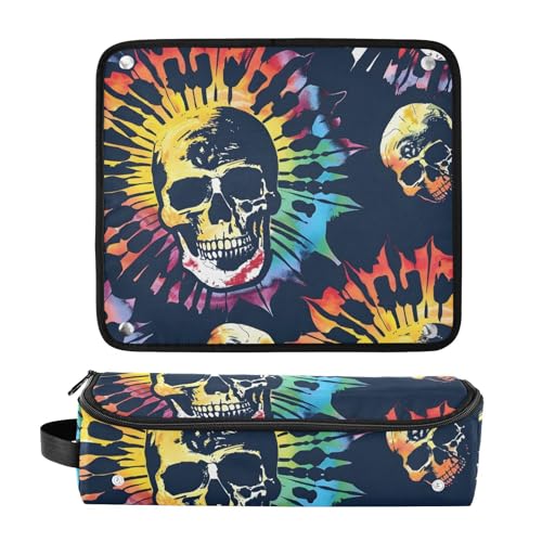 Organizador portátil para herramientas de peinado con diseño tie dye de calavera y tapete resistente al calor para planchas alisadoras, rizadores y otras herramientas de estilizado miniatura 3