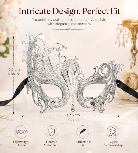 Image of Metal Filigree Masquerade Mask for Women - Swan Style Mask with Rhinestones for Mardi Gras, Prom, Halloween & Venetian Party