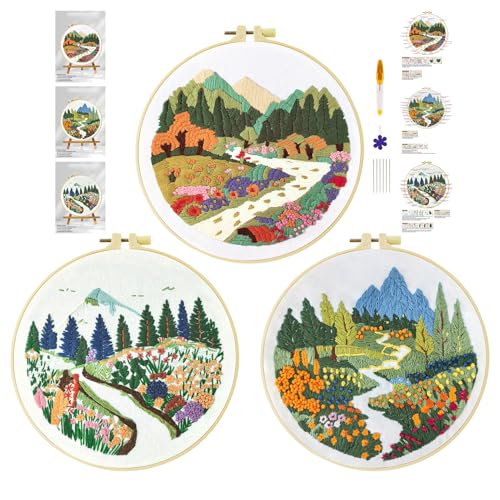 cukol cukol 3pcs Kit Ricamo Principianti Paesaggio Primaverile, Embroidery Kit, Schemi per Set Ricamo Starter Mezzo Punto Croce Kit da Ricamare Mezzopunto a Mano Stampato Bambini