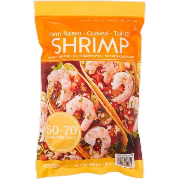 Cooked Shrimp, Tail-Off, 50/70 Count , Fully cooked, peeled, and deveined shrimp saves you prep time—just thaw and serve , Responsibly with consistent size, texture, and taste , Peeled & Deveined, Ready to Eat, Frozen Seafood for Salads, Pasta . [ 32 oz , 2 lb ]