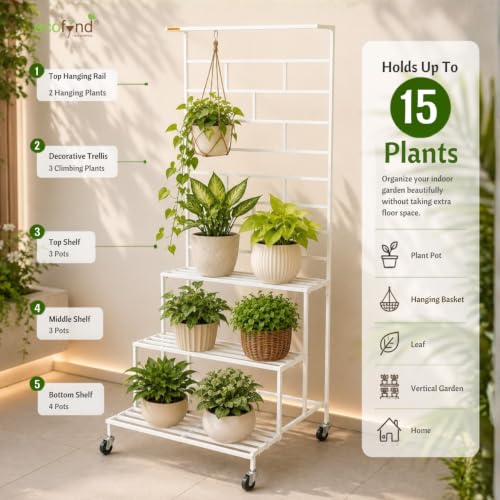 Image of ecofynd Eden Plant Stand with Wheels for Outdoor Balcony, Flower Stand for Indoor Plants, Large Metal Planter Stand for Living Room, Home Decor, Indoor & Outdoor Plants, 4 Tier (PS058-WHT-WHEL)
