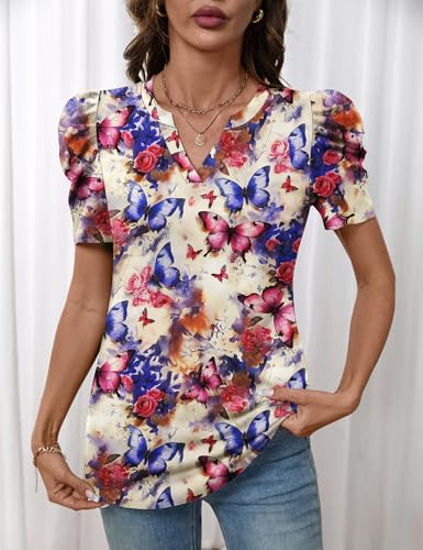 Image of LOMON Spring Summer Tops for Women 2026 V Neck Puff Short Sleeve Tops Fashion Trendy Work Blouses Dressy Casual S-XXL