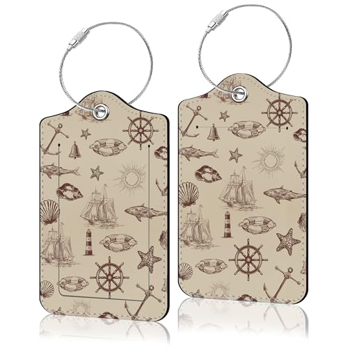 Image of PU Leather Luggage Tag, Suitcase Labels, Passport Stamp ID Tags Card, Baggage Bag Label with Stainless Steel Loop, Full Back Privacy Cover for Men Women Travel, Set of 2