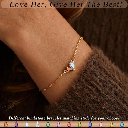 Birthstone Bracelets for Women, Dainty Gold Bracelet with Birthstone Birthday Gifts for Her Mothers Day Gifts Trendy Stuff 14k Plated Adjustable Link Bracelet Anniversary Christmas Jewelry