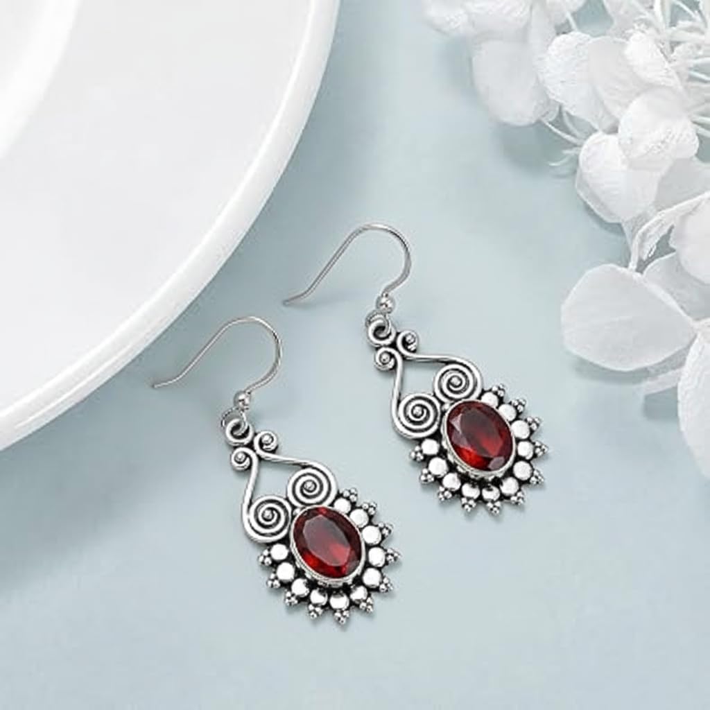 925 Sterling Silver Garnet Drop Earrings Handmade Natural Red Garnet Vintage Style Dangle Earrings for Women