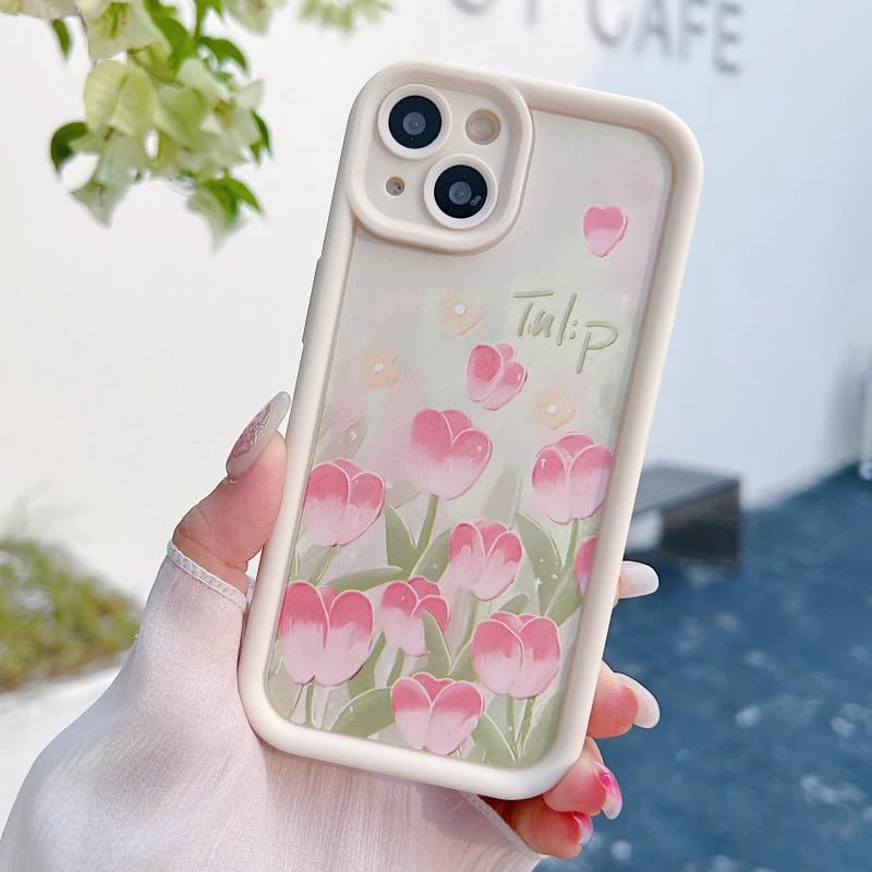 Image of COVERLY Tulip Flower Back Case Cover for iPhone 12 Pro | Hot 3D Floral Pink Cute Design | Camera Lens Protection | Soft TPU Silicone Fashion Aesthetic Print Cover for Girls & Women (Beige, Shockproof)