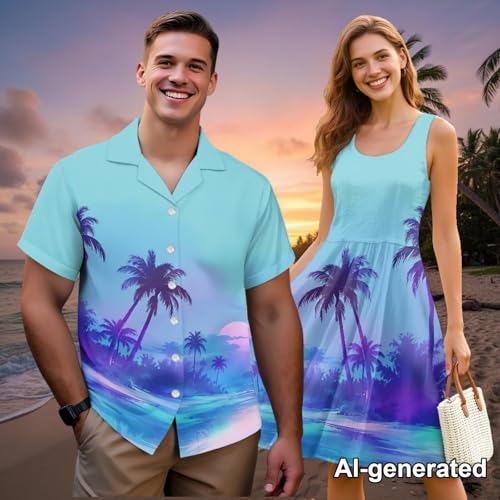 Image of Hawaii Matching Couple Outfits Husband and Wife Clothing Fashionable Mens Casual Shirts Hawaii Dress with Soft Fabric