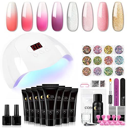 Poly Extension Gel Nail Kit with UV Lamp Starter Kit 36W UV LED Nail Light Dryer 8Pcs Glitter Color Changing Poly Builder Gel Slip Solution Nail Enhancement Base and Top Coat Manicure Tools Set