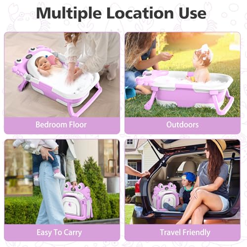 Image of Collapsible Baby Bathtub for Newborns with Thermometer and Soft Floating Cushion Portable and Foldable Travel Baby Bath Tub for Infants to Toddler 0-36 Month (Purple)